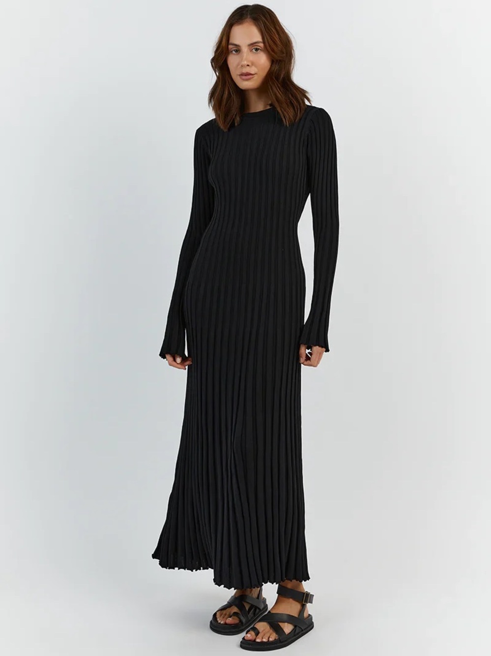 DISSH Ada Black Ribbed Long-Sleeve Maxi Dress